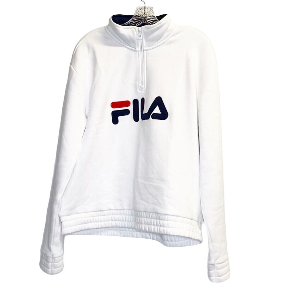 FILA Large Logo Quarter Zip Pullover Sweatshirt Sweater White Jacket sz M